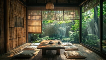 Japanese tea room with garden view.