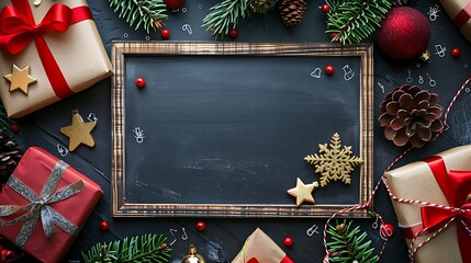 holiday cheerful decoration around in blank chalkboard