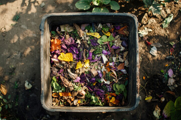 Composter bin is overflowing with decomposing bio waste, showcasing the process of composting in a garden setting