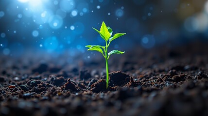 A single vibrant green plant sprouts from the ground, pushing through dark rocky soil. Taken from a low angle, the image emphasizes the upward growth of the plant.