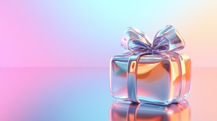 Glass gift pearl box with glass ribbon displayed on gradient pink and blue background. Concept of glass elements, glass morphing, elegance and celebration