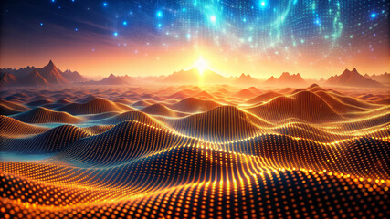 A vibrant digital sunrise over an undulating desert landscape of glowing retinas and peaks. It symbolizes the interaction of nature and technology