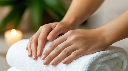 Relaxing hands placed gently on a soft towel, creating a serene atmosphere with a candle and green plant in background.