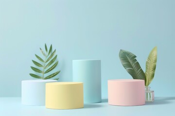 Wall Mural - Minimalist Pastel-Colored Cylinders with Tropical Leaves - Modern Design Elements for Posters, Cards, and Decor