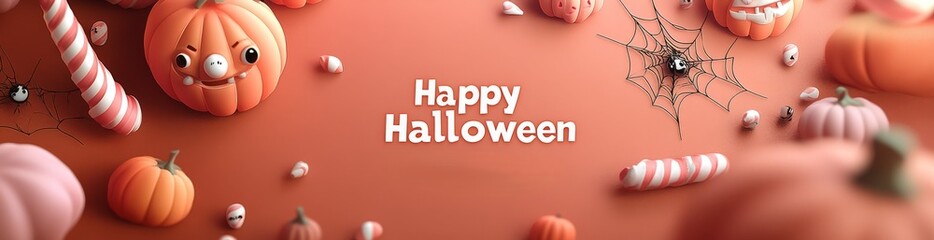 Canvas Print - A Halloween promotion poster template with a pumpkin ghost, candy, string lights, and halloween elements.