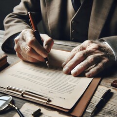 Old man holding pen and signing agreement, document, agreement 