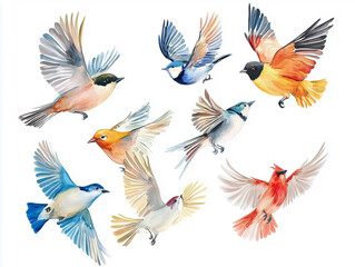 beautiful watercolor painting showcasing a variety of colorful birds in flight, capturing their grac