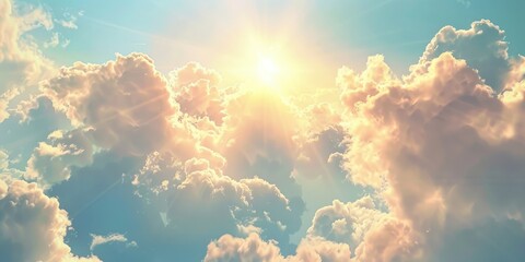 Wall Mural - a tranquil and picturesque scene captured in the sky with fluffy clouds and a radiant sun shining th