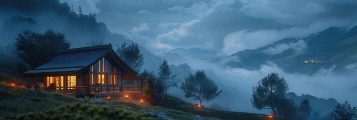 Poster - Vacation house with scenic view in foggy mountain