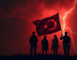 silhouette of turkey's military armys is holding national flag of turkey on a dramatic sky background