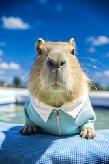 Close-up of Capybara, cute in a blue dress.