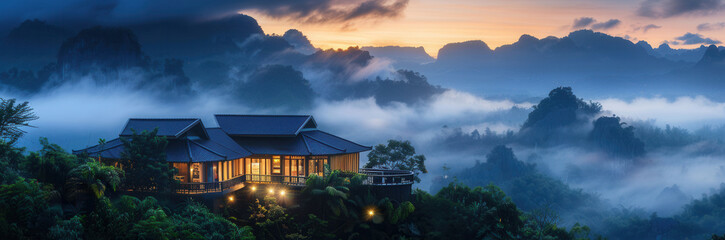 Canvas Print - Vacation house with scenic view in foggy mountain