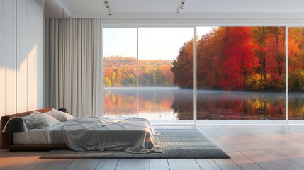 Poster - Vacation house interior with scenic view in Fall with colorful foliage by lake