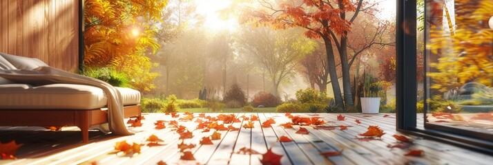 Poster - Patio deck terrace view of vacation house with scenic view in Fall with colorful foliage