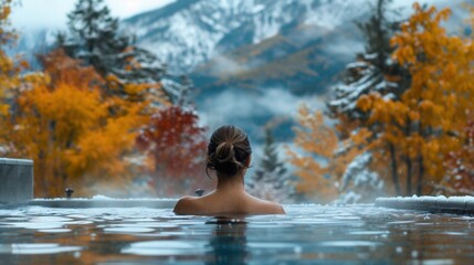 Wall Mural - Back view of a female in spa pool with beautiful scenic view in Autumn