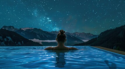 Poster - Back view of a female in spa pool with beautiful scenic view night sky with stars