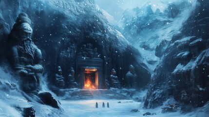 A hidden sanctuary deep within a snowy mountain range, where the snow never melts. The sanctuary is carved into the mountainside, with massive statues of mythical guardians standing watch at the entra