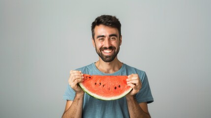 Male holding a fresh sweet ripe watermelon slice