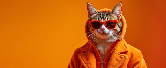  Fashionable Cat in Orange Hoodie and Sunglasses Portrait