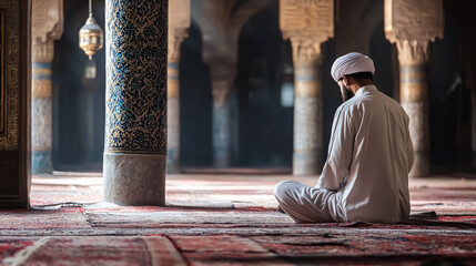 Young Muslim man praying inside the mosque. Ramadan Kareem background.