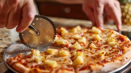 Hands cutting slicing a fresh pineapple pizza closeup view