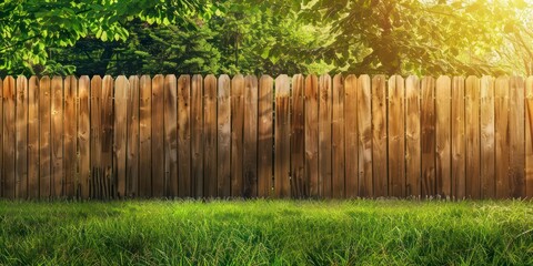 Wall Mural - A robust board-on-board timber fence with overlapping wooden slats creates privacy, its natural grain and earthy tones blending harmoniously into the outdoor landscape.