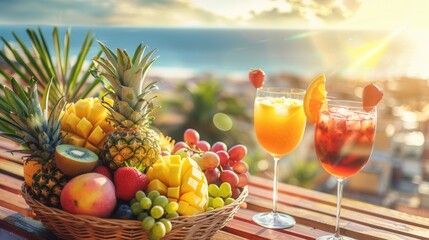 Fresh pineapple juice drink with fruit at sandy beach with blue sea and bright sun