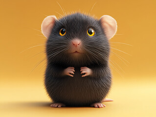 Wall Mural - Funny black rat with big eyes on a yellow background. 3d illustration