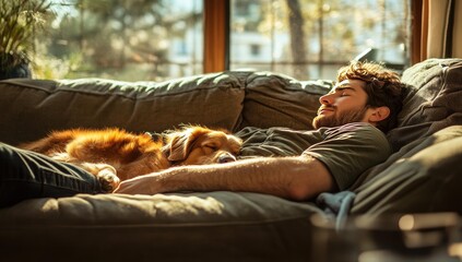 Poster - Man and dog sleeping peacefully on couch.