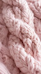 Poster - The texture of an oversized knitted blanket showcases intricate braiding in soft light pink tones, perfect for adding warmth to any space