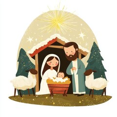 Wall Mural - Nativity scene with a family gathered around a newborn in a rustic stable setting surrounded by animals