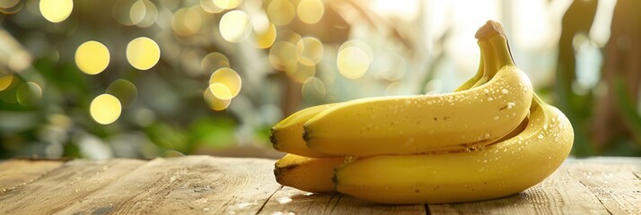 Fresh banana fruit on wooden table with abstract bokeh background