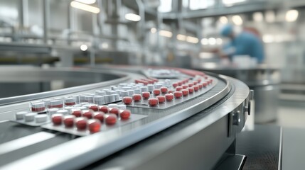 Poster - The automated assembly line processes red capsules efficiently while workers monitor operations in a clean environment