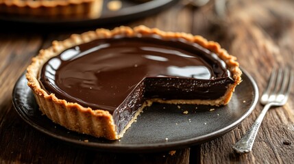 Wall Mural - A close-up of a peanut butter chocolate tart, with a flaky crust and rich filling, set on a rustic wooden table with a fork beside it