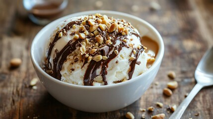 Wall Mural - A close up shot of a peanut butter and chocolate swirl in a bowl of vanilla ice cream, topped with crushed peanuts and a drizzle of caramel sauce, set on a rustic wooden table