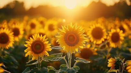 Poster - Golden Sunflowers in a Field at Sunset