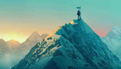 Wall Mural - A man standing on a mountain with a flag in his hand. The flag is red and white. The man is looking up at the sun. The scene is peaceful and serene