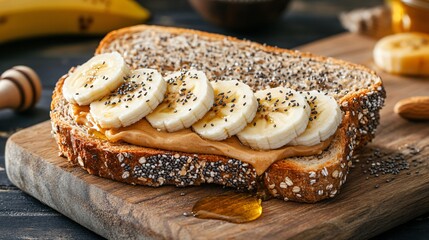 Wall Mural - A gourmet peanut butter and banana sandwich on whole-grain bread, with a drizzle of honey and a sprinkle of chia seeds, served on a wooden cutting board