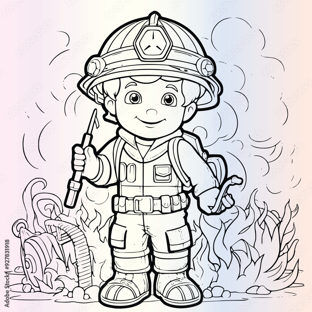 Firefighter Coloring Page For Kids Stock Vector | Adobe Stock