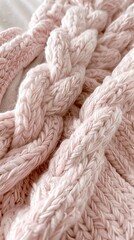 Poster - The oversized knit blanket in soft pink colors displays intricate stitching and a comforting texture, perfect for chilly evenings at home