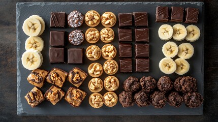 Wall Mural - A modern peanut butter dessert board, featuring mini peanut butter pies, chocolate-covered peanut butter bites, and sliced bananas, arranged on a slate platter