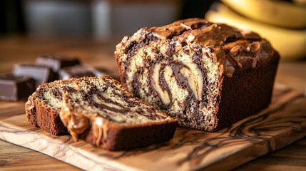 A peanut butter and chocolate swirl in a loaf of freshly baked banana bread, sliced to show the marbled effect, presented on a wooden cutting board