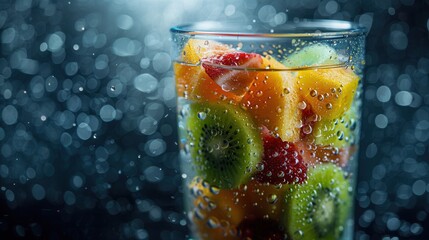 Wall Mural - Closeup view of fruit slices inside a blender mixer cup