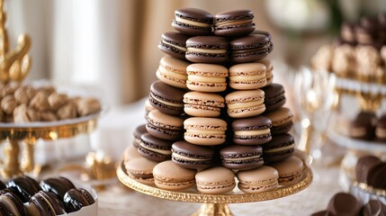 A peanut butter-flavored macaron tower, with alternating layers of chocolate macarons, arranged on a fancy dessert table with gold accents