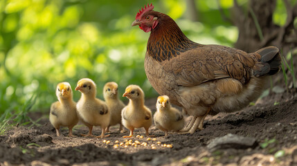 mother hen and baby chickens in the farm 