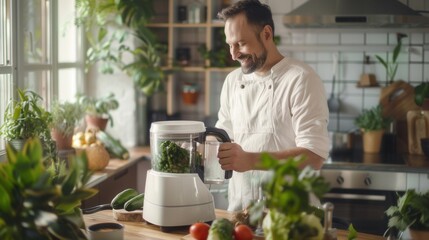 Wall Mural - A male is making a healthy smoothie drink with a blender mixer in kitchen