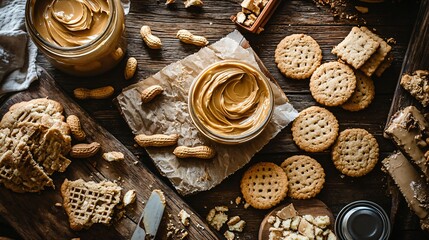 Wall Mural - A rustic wooden table covered with various peanut butter snacks, including peanut butter cookies, a jar of peanut butter, and a knife with a thick layer of peanut butter, with a soft, natural light il