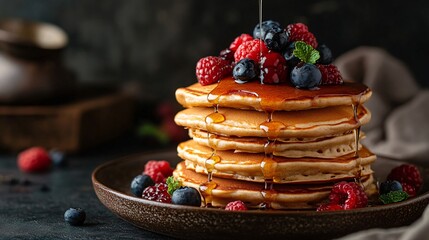 Wall Mural - A stack of fluffy pancakes layered with creamy peanut butter and fresh berries, with a drizzle of maple syrup cascading down the sides, set on a rustic plate with a warm, morning light