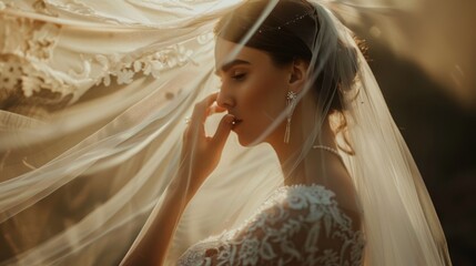 The bride appears thoughtful, adorned in an exquisite wedding dress, surrounded by soft light and veils, capturing a moment of tranquility before the ceremony