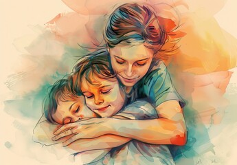 Warm Pastel Watercolor Line Art of Mother and Two Children Hugging